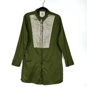 Figue Silver Sequins Embellished Button Down Shirt Tunic In Olive Green Size M